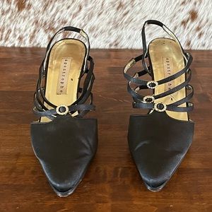 Apostrophe black satin dress sling backs